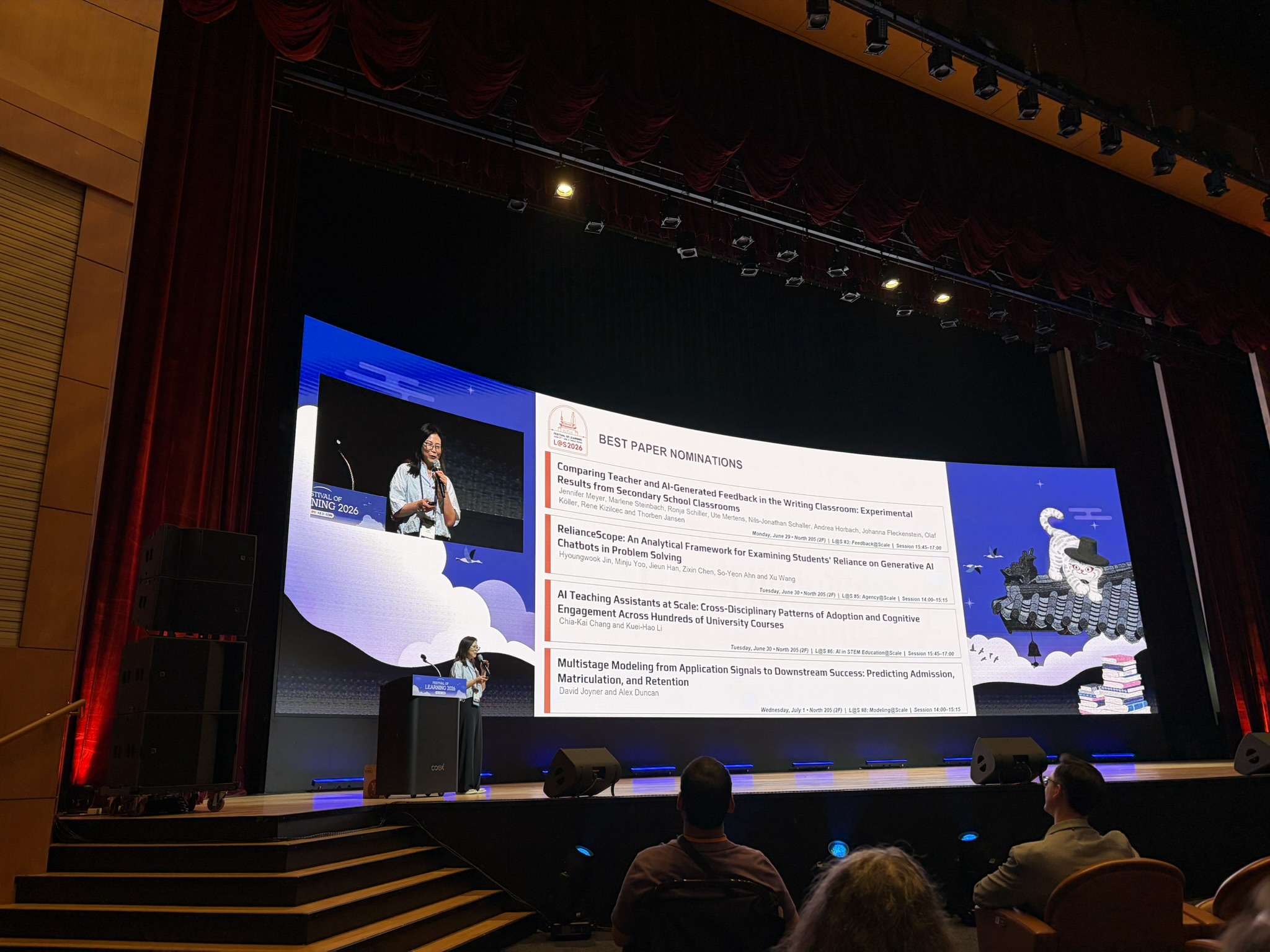 Festival of Learning 2026（ACM L@S 2026）公布最佳論文入圍名單的投影片，第三篇為張家凱、李奎皓的〈AI Teaching Assistants at Scale〉